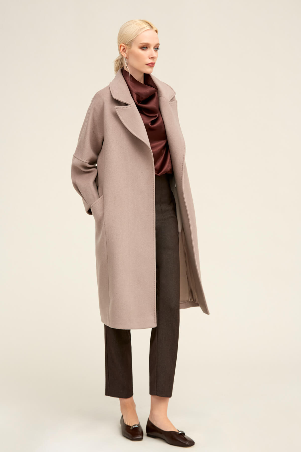 Saykı Woman Taş Regular Fit Ceket Yaka Kaşe Yünlü Oversize Manto - 3