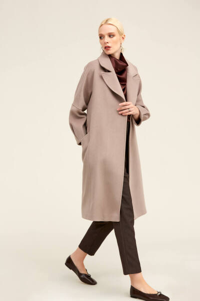 Saykı Woman Taş Regular Fit Ceket Yaka Kaşe Yünlü Oversize Manto - 4