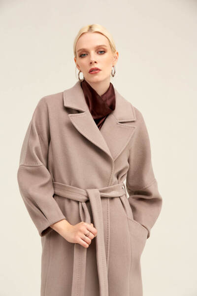 Saykı Woman Taş Regular Fit Ceket Yaka Kaşe Yünlü Oversize Manto - 5