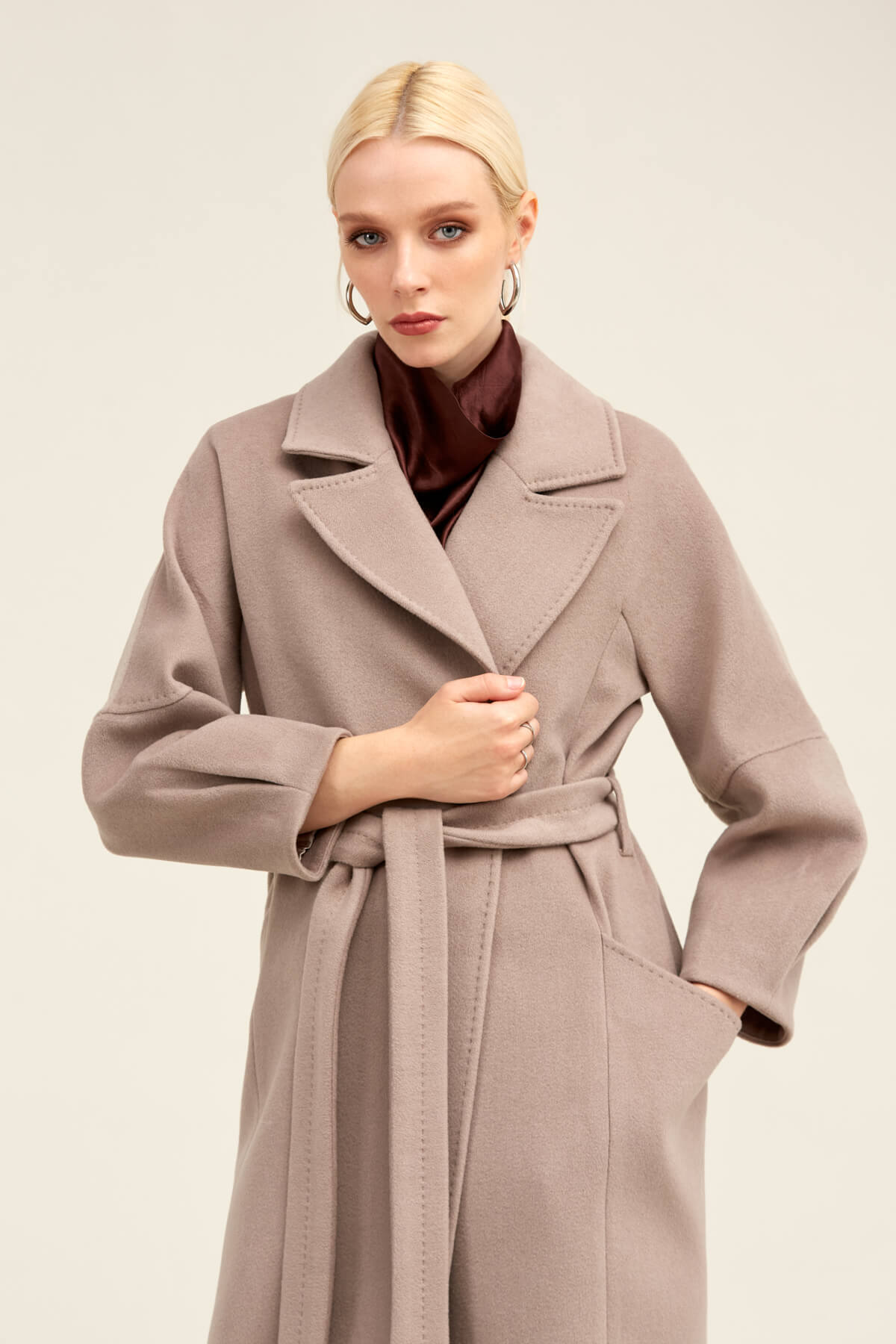 Saykı Woman Taş Regular Fit Ceket Yaka Kaşe Yünlü Oversize Manto - 6