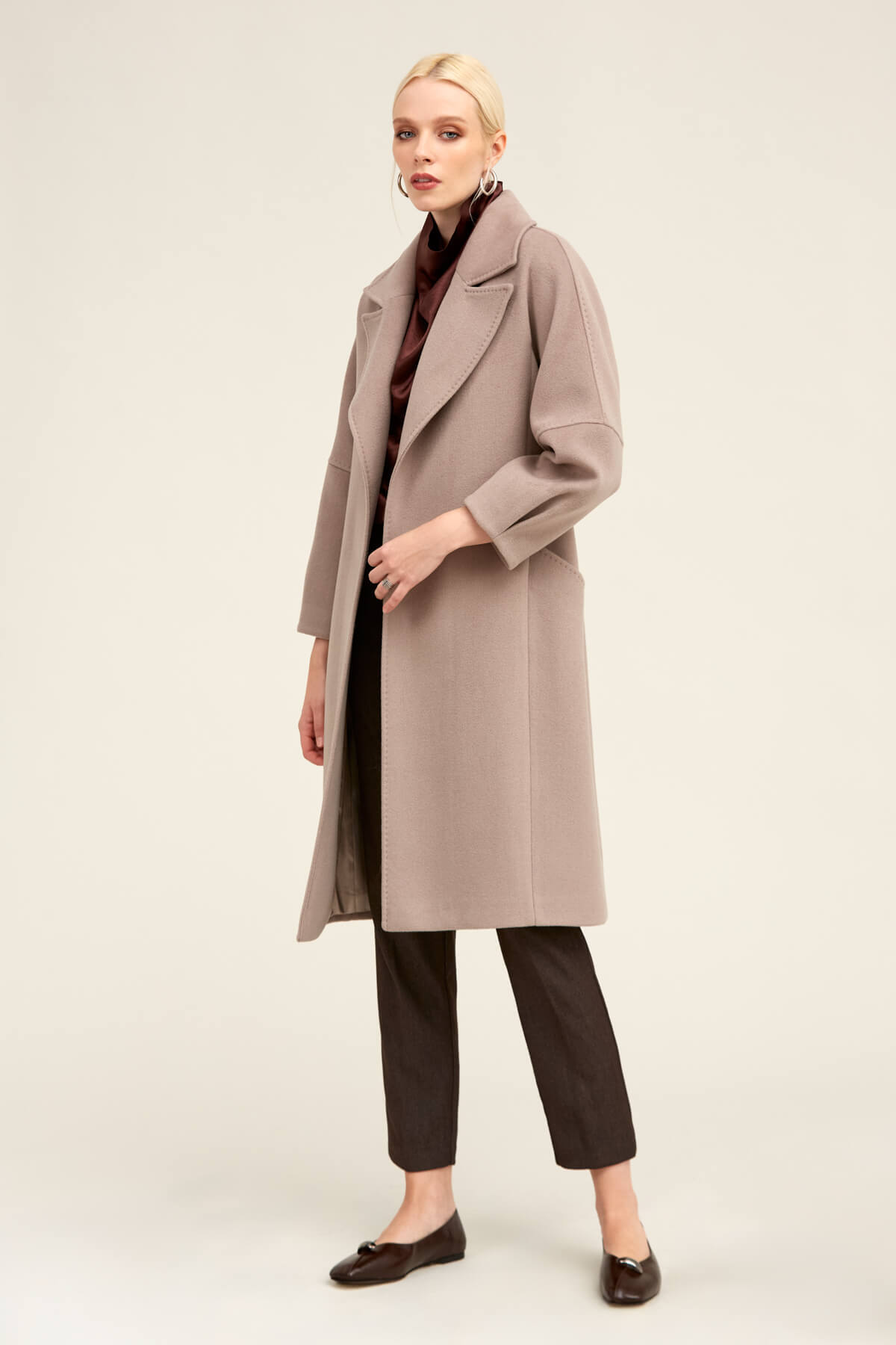 Saykı Woman Taş Regular Fit Ceket Yaka Kaşe Yünlü Oversize Manto - 9