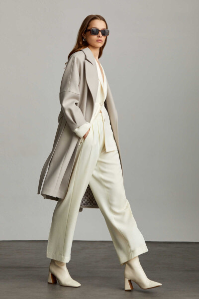 Saykı Woman Taş Slim Fit Mono Yaka Kemerli Yünlü Basic Kaşe Sofia Manto - 5