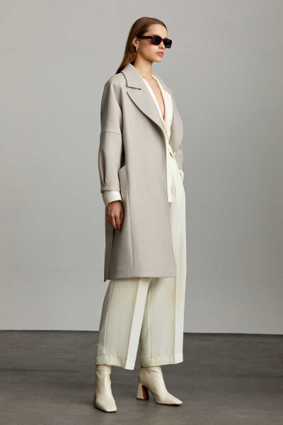 Saykı Woman Taş Slim Fit Mono Yaka Kemerli Yünlü Basic Kaşe Sofia Manto - 7