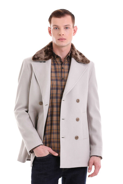 Taş Slim Fit Kürklü Kruvaze Yünlü Kaban - 8