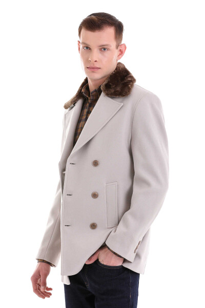 Taş Slim Fit Kürklü Kruvaze Yünlü Kaban - 3