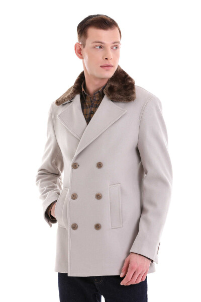 Taş Slim Fit Kürklü Kruvaze Yünlü Kaban - 4