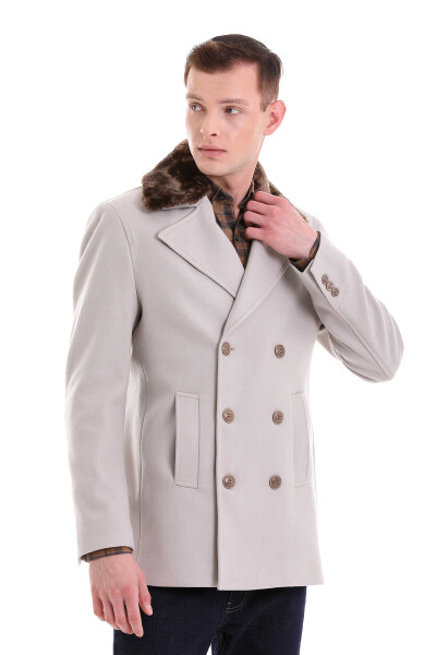 Taş Slim Fit Kürklü Kruvaze Yünlü Kaban - 6