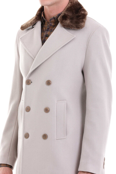 Taş Slim Fit Kürklü Kruvaze Yünlü Kaban - 7