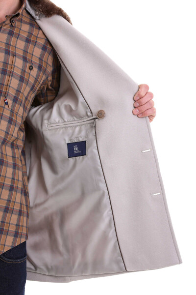 Taş Slim Fit Kürklü Kruvaze Yünlü Kaban - 8