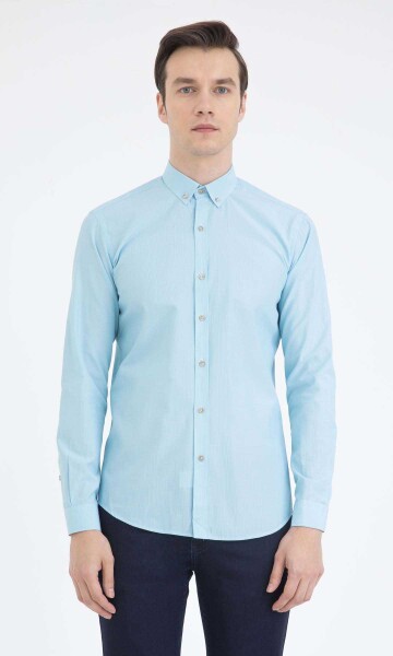 Turkuaz Çizgili Slim Fit Gömlek - 1