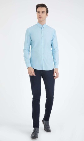 Turkuaz Çizgili Slim Fit Gömlek - 5