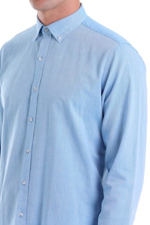 Turkuaz Comfort Fit Düz 100% Pamuk Düğmeli Yaka Uzun Kollu Casual Oxford Gömlek - Thumbnail