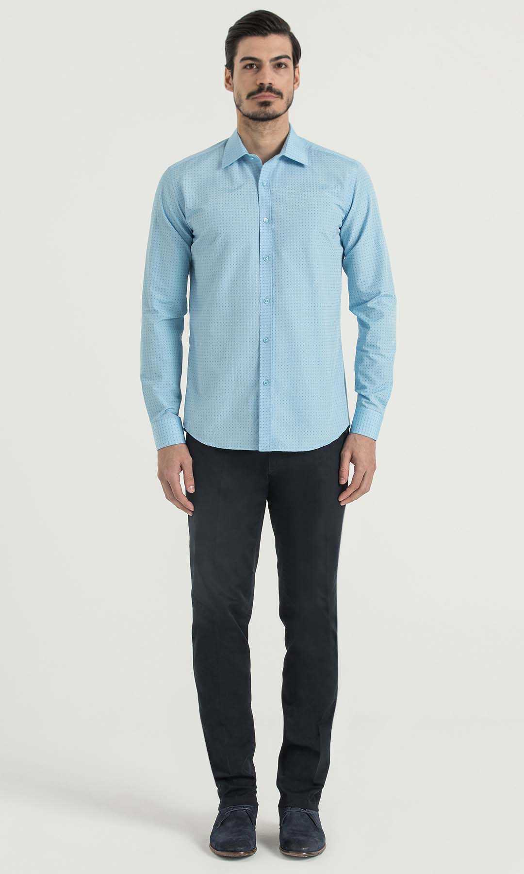 Desenli Slim Fit Turkuaz Gömlek - 2