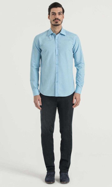 Desenli Slim Fit Turkuaz Gömlek - 2