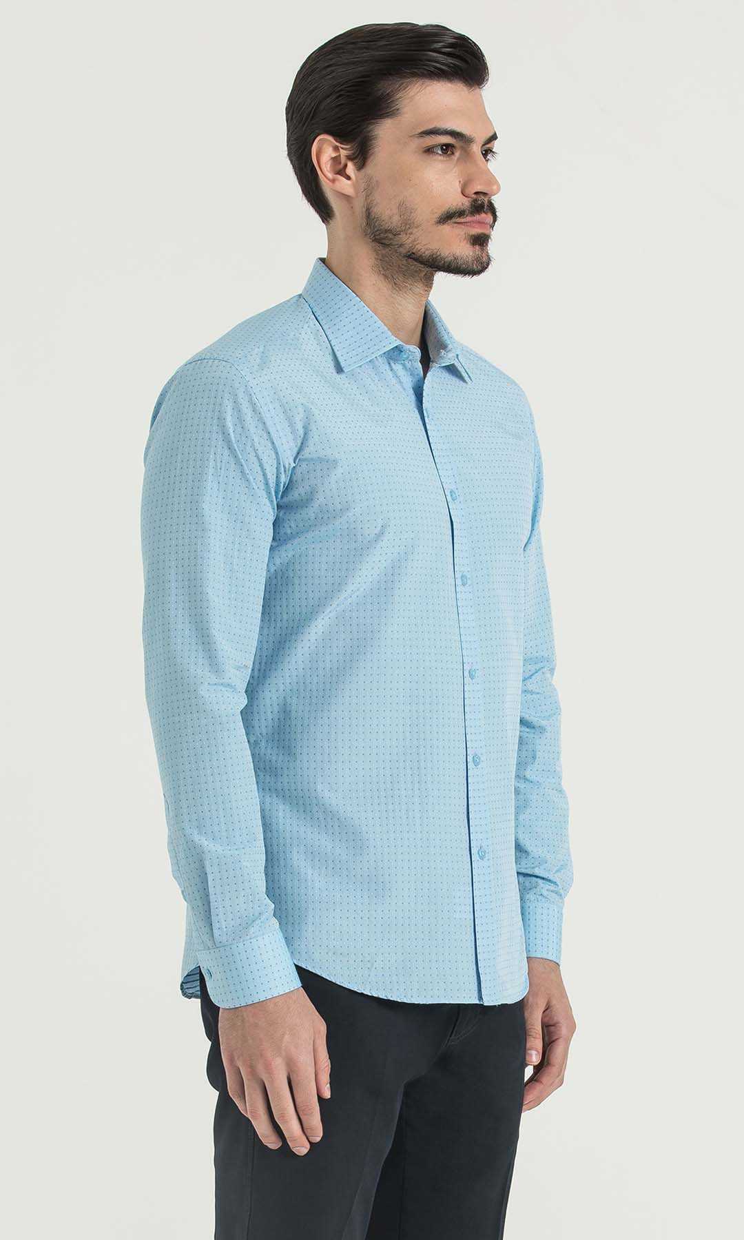 Desenli Slim Fit Turkuaz Gömlek - 3