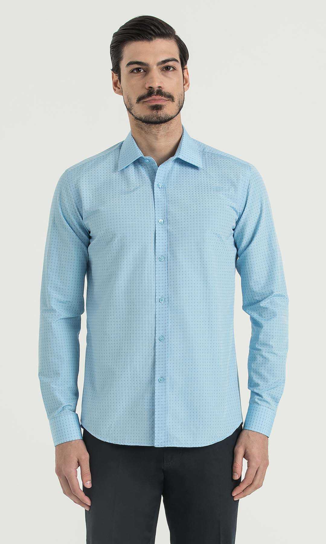 Desenli Slim Fit Turkuaz Gömlek - 1