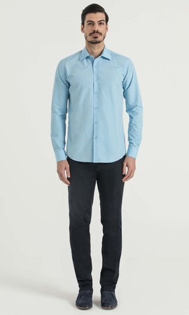 Desenli Slim Fit Turkuaz Gömlek - 6