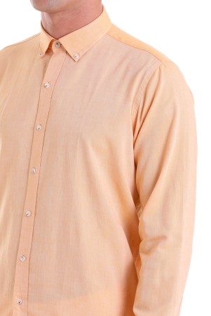 Turuncu Comfort Fit Düz 100% Pamuk Düğmeli Yaka Uzun Kollu Casual Oxford Gömlek - Thumbnail