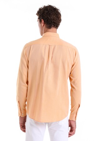 Turuncu Comfort Fit Düz 100% Pamuk Düğmeli Yaka Uzun Kollu Casual Oxford Gömlek - Thumbnail