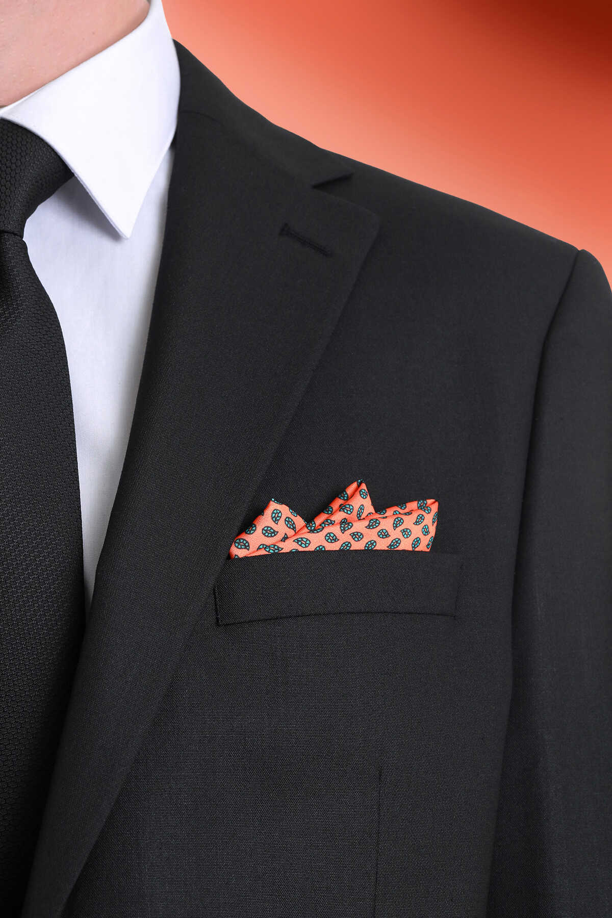 Turuncu Desenli Klasik Saten Cep Mendili - 1