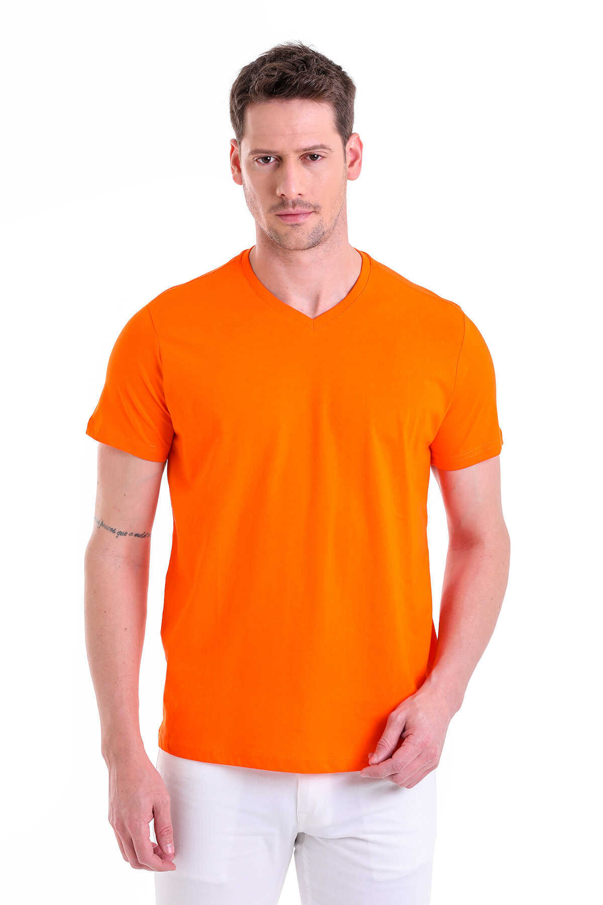 Turuncu Regular Fit Düz 100% Pamuklu V Yaka Tişört - 1