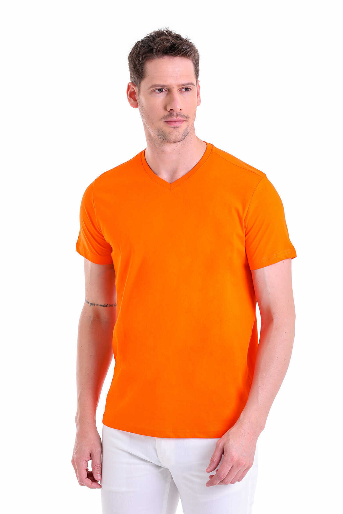 Turuncu Regular Fit Düz 100% Pamuklu V Yaka Tişört - 2