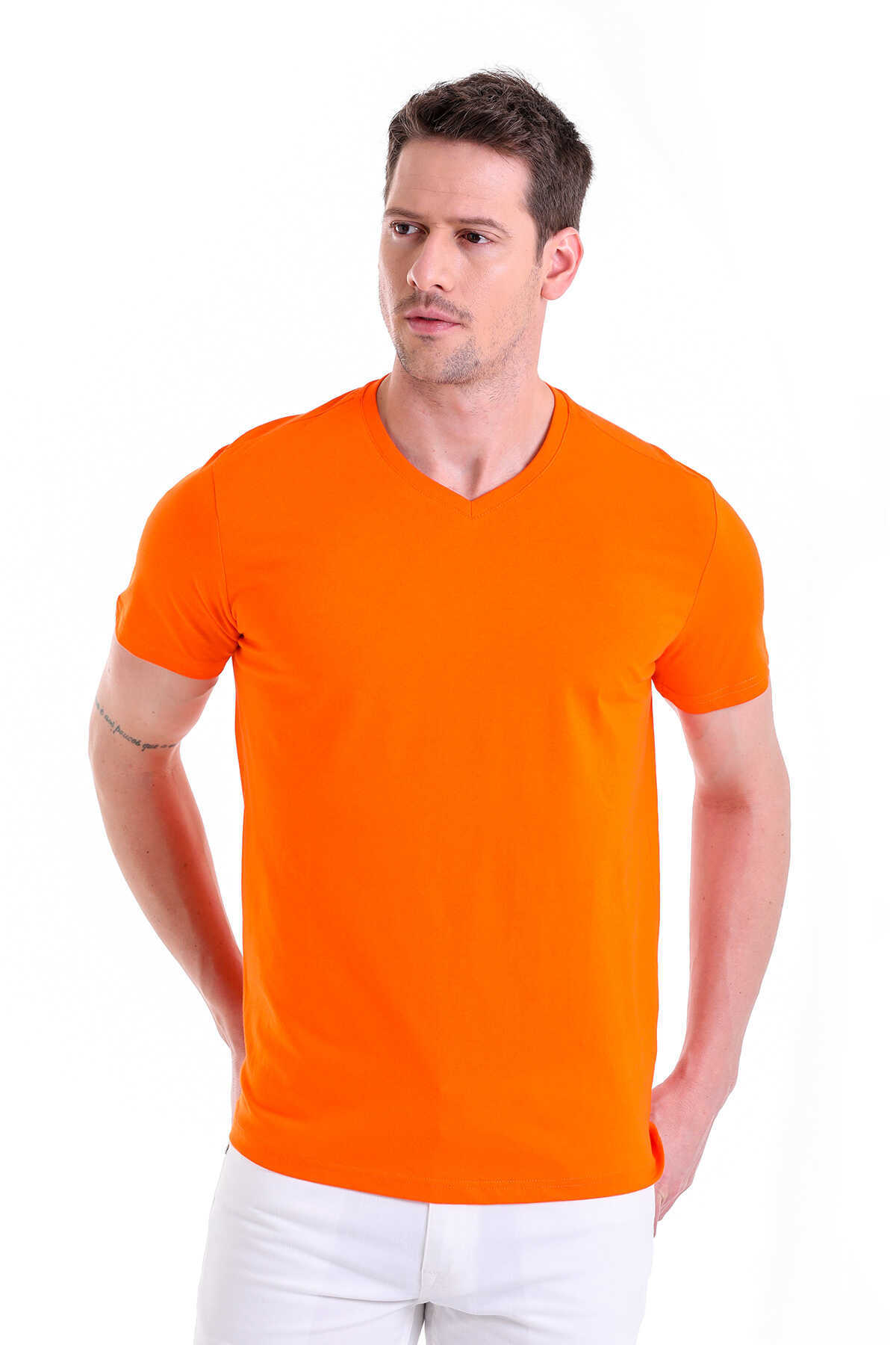Turuncu Regular Fit Düz 100% Pamuklu V Yaka Tişört - 3