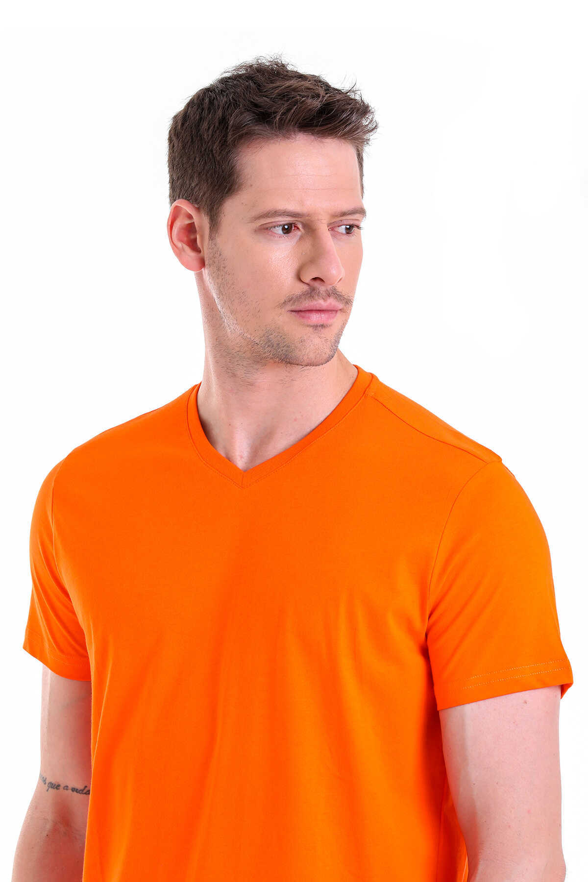 Turuncu Regular Fit Düz 100% Pamuklu V Yaka Tişört - 4