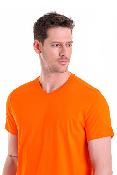 Turuncu Regular Fit Düz 100% Pamuklu V Yaka Tişört - 4