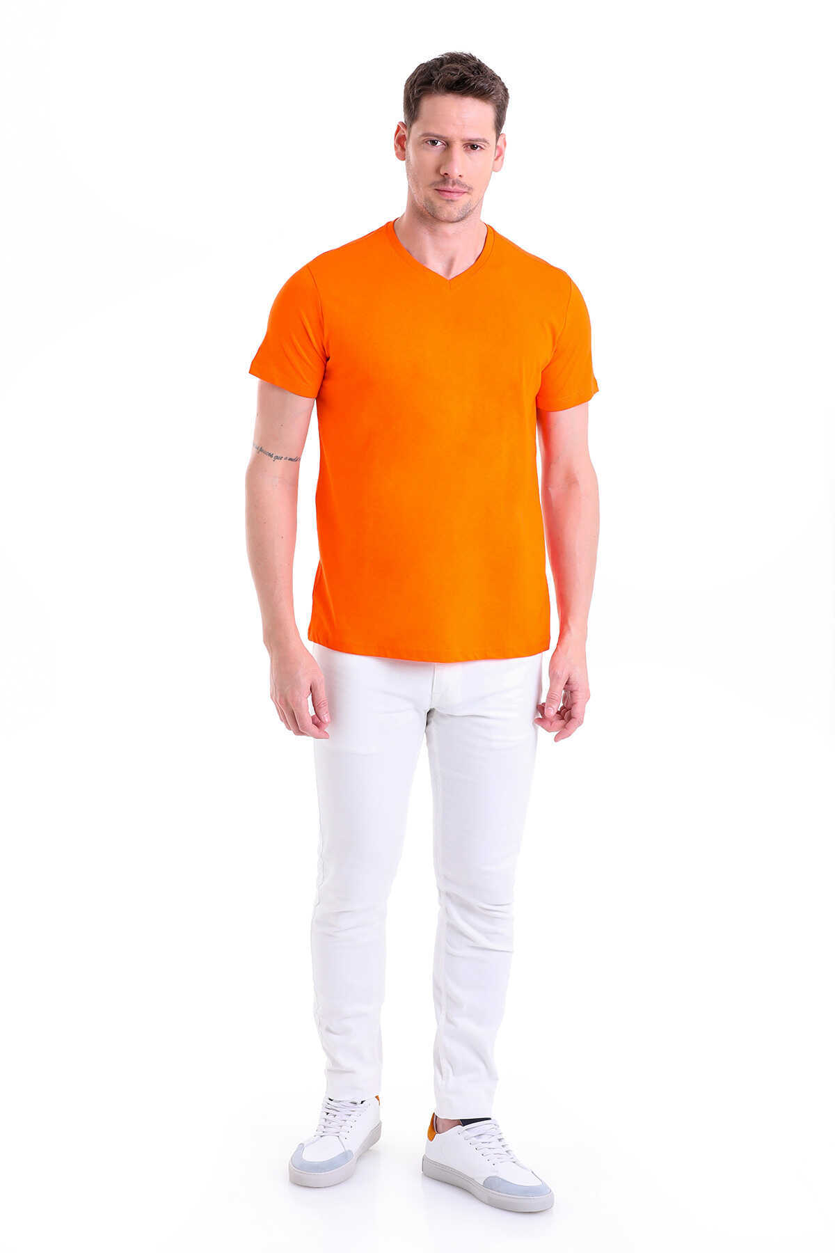 Turuncu Regular Fit Düz 100% Pamuklu V Yaka Tişört - 5