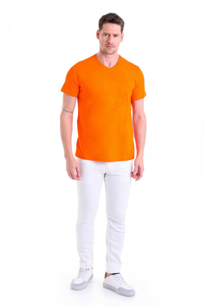 Turuncu Regular Fit Düz 100% Pamuklu V Yaka Tişört - 5
