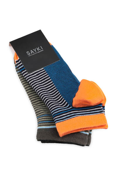 Turuncu - Haki 2'li Çizgili Kısa Çorap 
