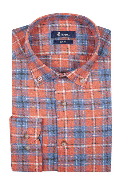 Turuncu Slim Fit Kareli Pamuklu Uzun Kol Gömlek - 1