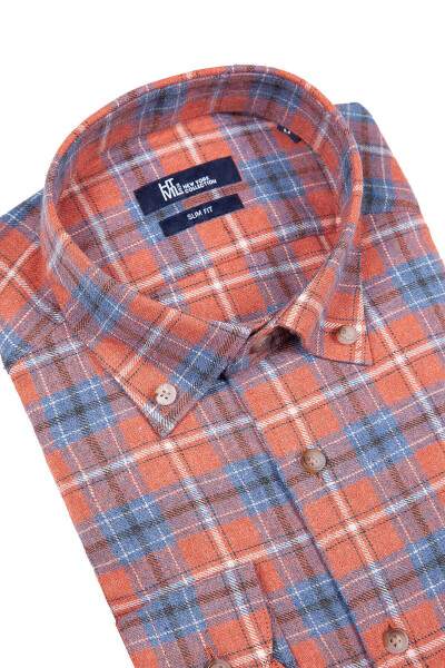 Turuncu Slim Fit Kareli Pamuklu Uzun Kol Gömlek - 2