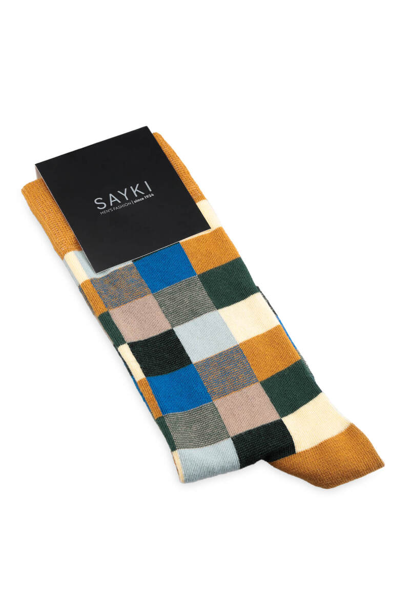 Turuncu Kareli Pamuk Çorap - Saykı