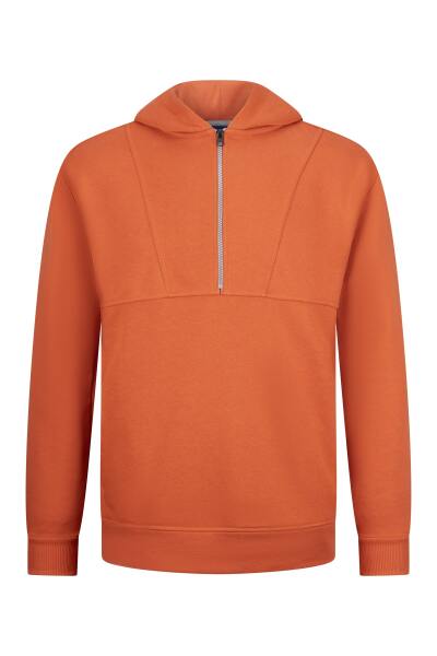 Turuncu Regular Fit Fermuarlı Kapüşonlu Sweatshirt 