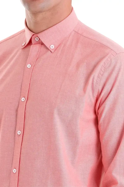 Turuncu Slim Fit 100% Pamuk Düğmeli Yaka Uzun Kollu Klasik Gömlek - 5