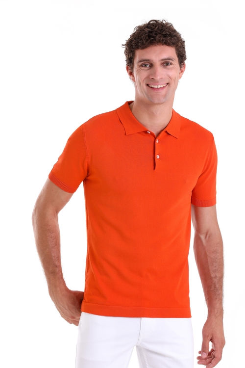 Hatem Saykı - Turuncu Comfort Fit Düz Polo Yaka Rayon Triko Tişört