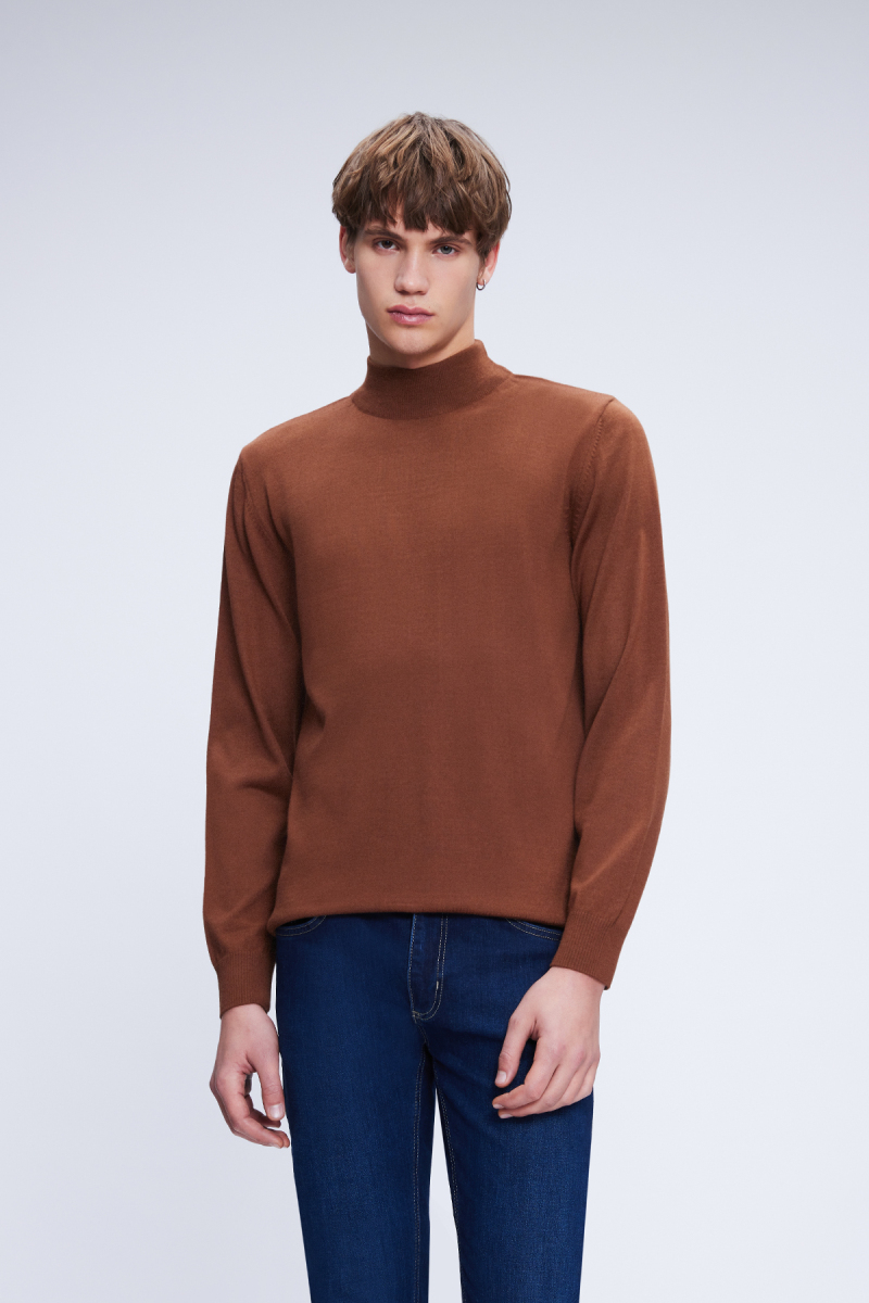 Tütün Regular Fit Düz Yarım Balıkçı Yaka Yünlü Triko Kazak - Hatemoğlu