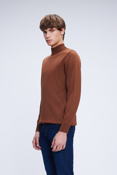 Tütün Regular Fit Düz Yarım Balıkçı Yaka Yünlü Triko Kazak - 3