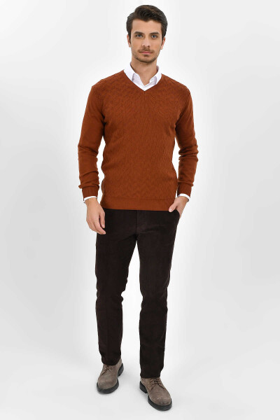 Kahverengi V Yaka Pamuklu Triko Kazak - 2