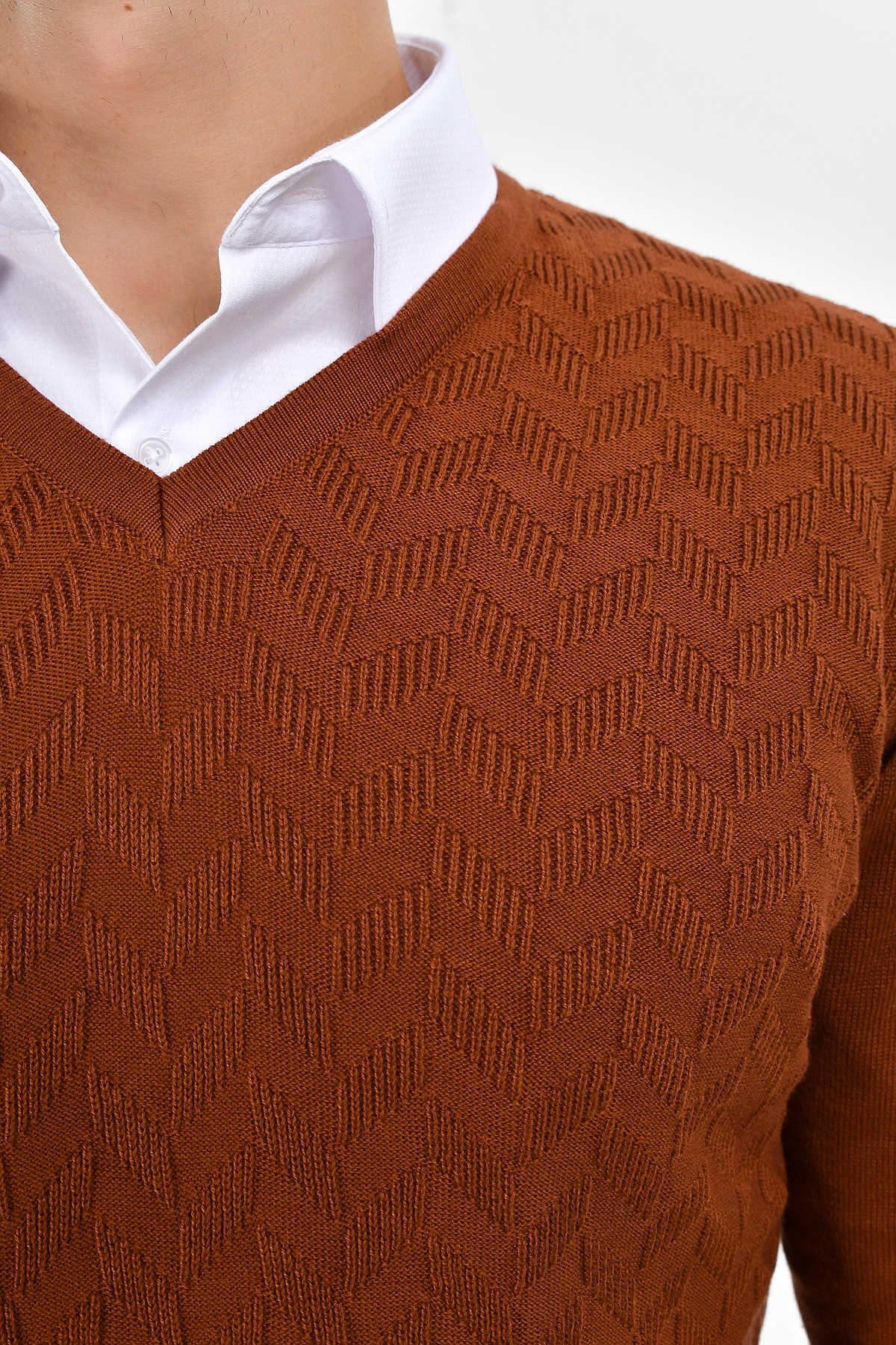 Kahverengi V Yaka Pamuklu Triko Kazak - 4