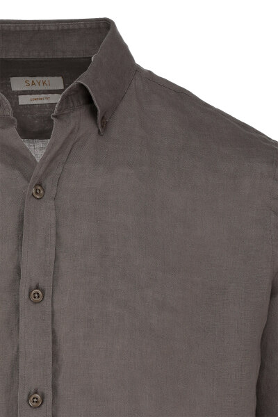 Vizon Comfort Fit 100% Keten Düğmeli Yaka Uzun Kollu Keten Gömlek - 2