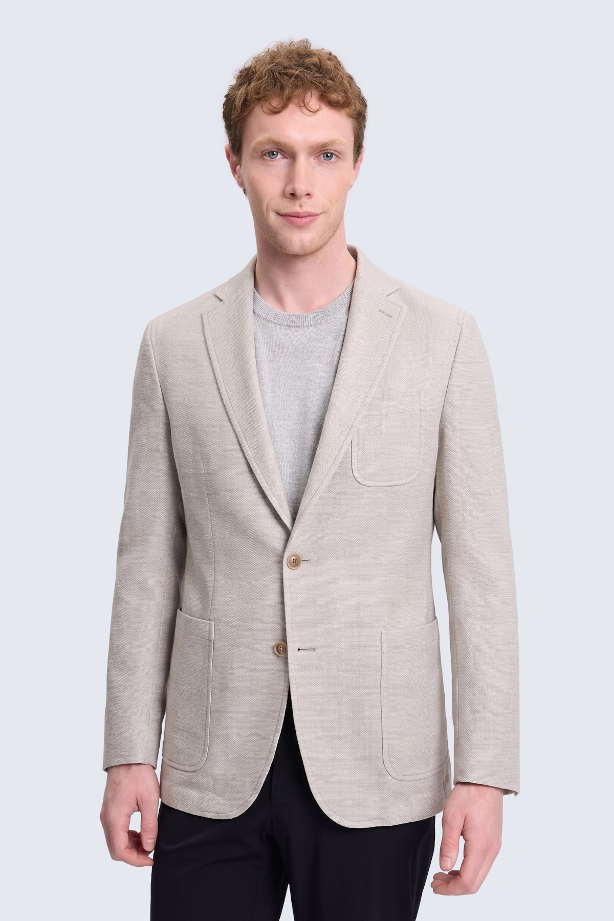 Ekru Comfort Fit Mono Yaka Klasik Keten Ceket - 1