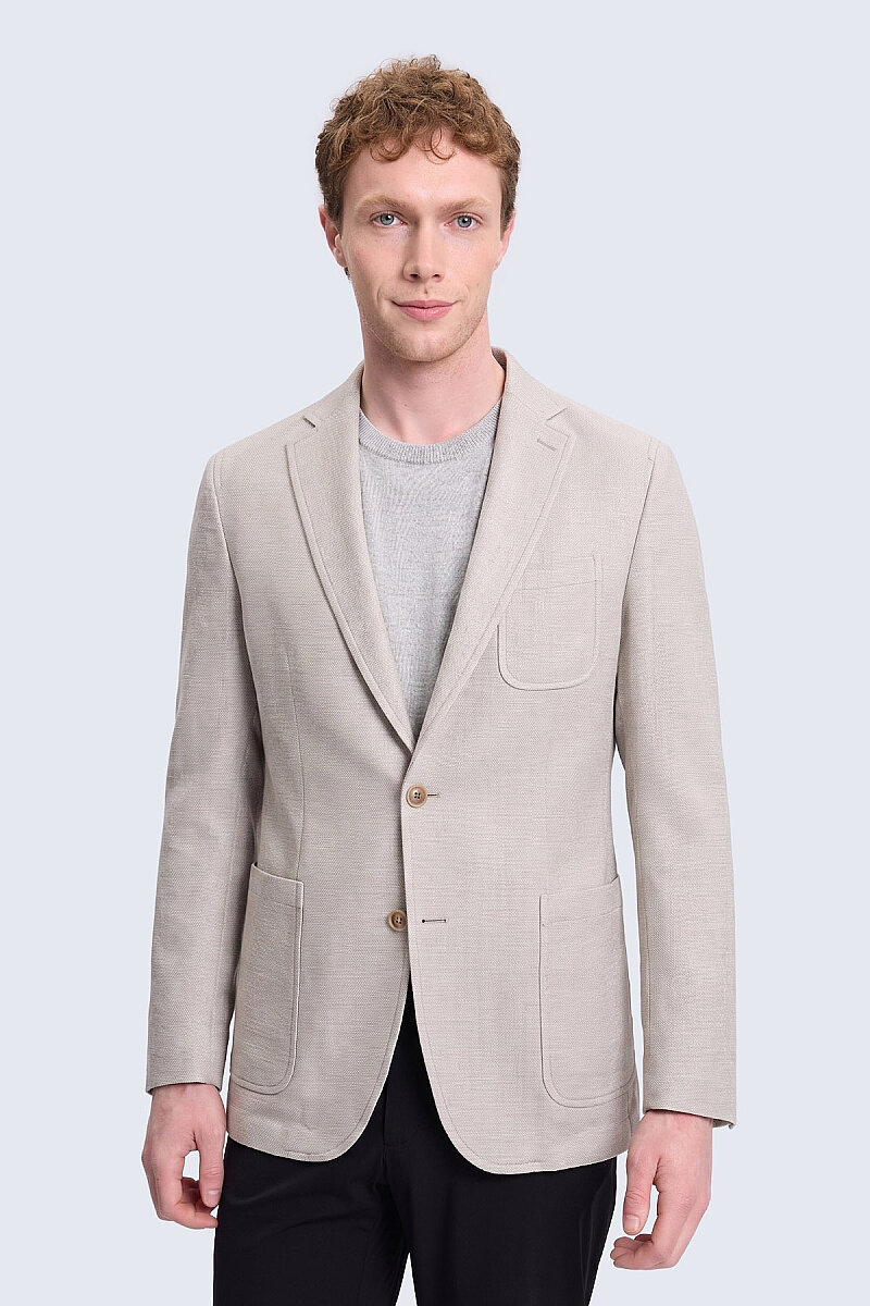 Ekru Comfort Fit Mono Yaka Klasik Keten Ceket