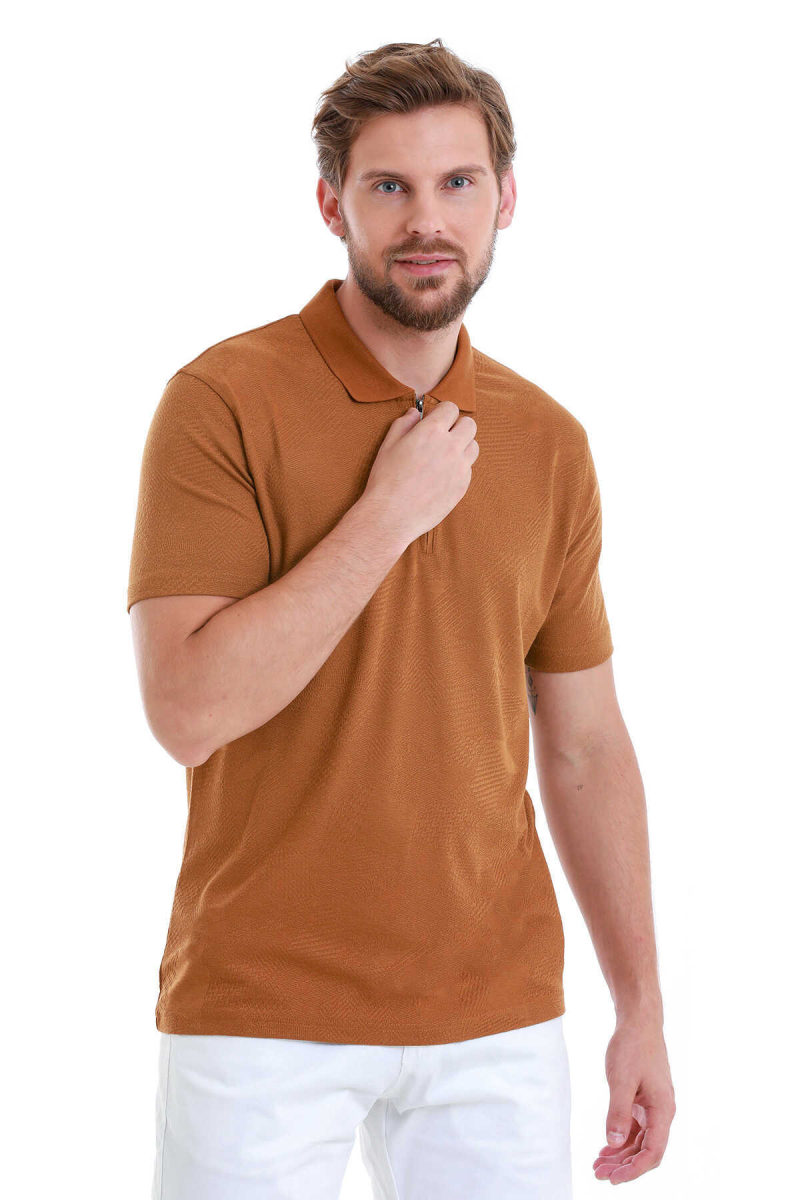 Vizon Regular Fit Jakarlı Polo Yaka Fermuarlı Tişört - Hatem Saykı