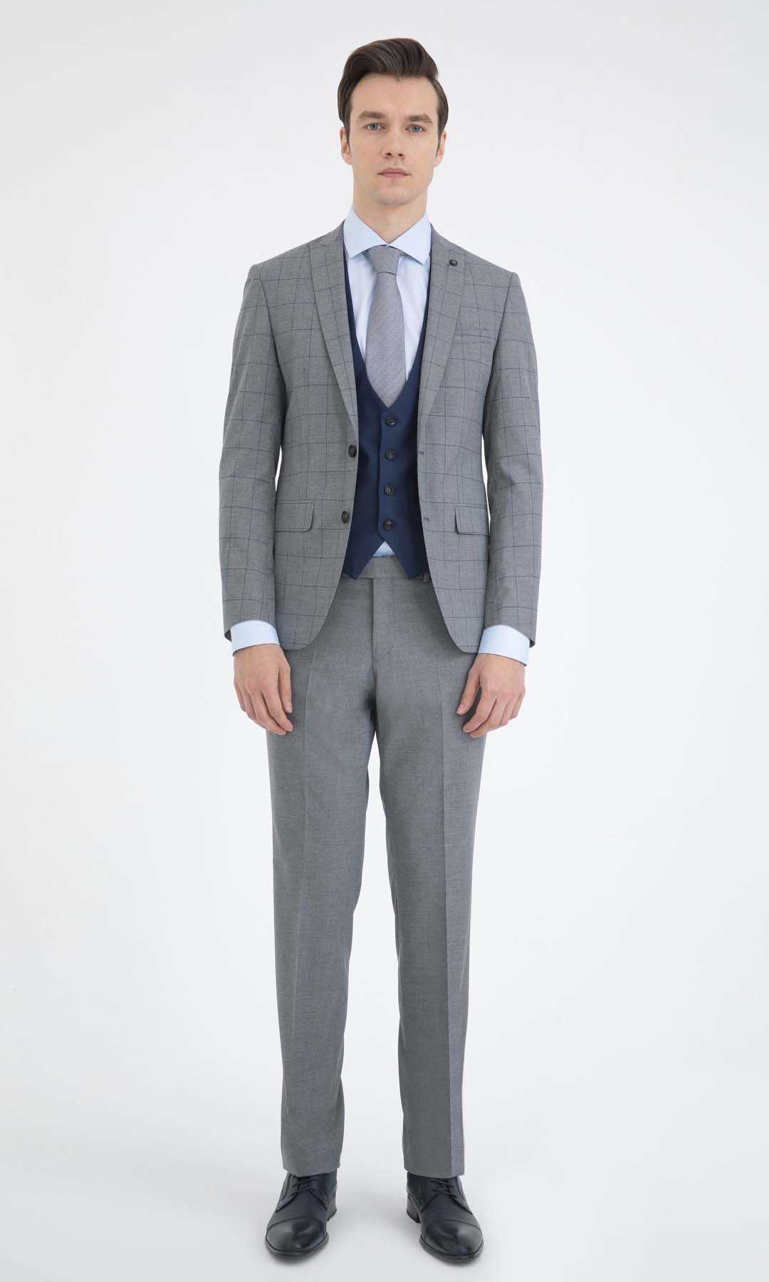 Yelekli Slim Fit Gri Takım Elbise - 1