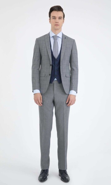 Yelekli Slim Fit Gri Takım Elbise - 1