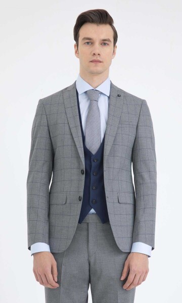 Yelekli Slim Fit Gri Takım Elbise - 2