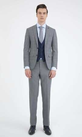 Yelekli Slim Fit Gri Takım Elbise - 4